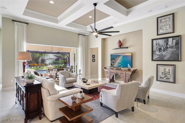 living room with crown molding, beamed ceiling, ceiling fan, and coffered ceiling