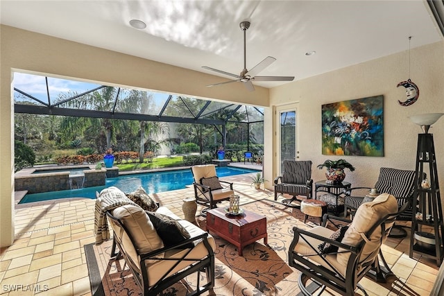 view of swimming pool featuring ceiling fan