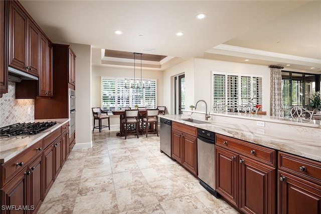 kitchen with stainless steel appliances, a raised ceiling, a healthy amount of sunlight, and sink