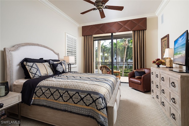 carpeted bedroom with access to outside, ceiling fan, and ornamental molding