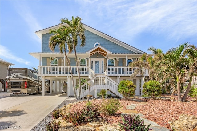 coastal inspired home featuring a porch and a carport