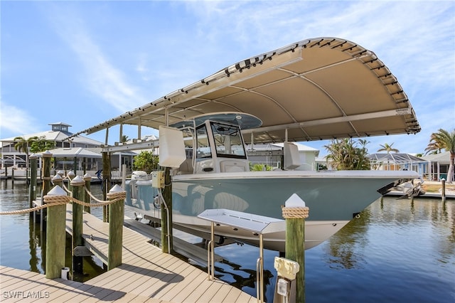 view of dock with a water view