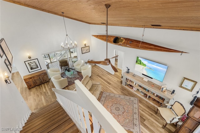 living room with an inviting chandelier, wooden ceiling, vaulted ceiling, and hardwood / wood-style flooring