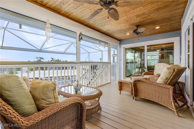 sunroom / solarium featuring ceiling fan and wood ceiling