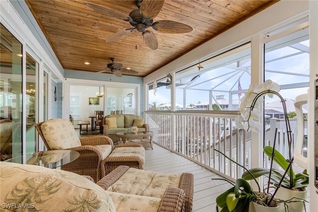 sunroom / solarium featuring wood ceiling and a wealth of natural light