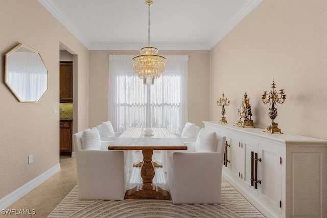 dining space featuring crown molding, light tile patterned floors, and a notable chandelier