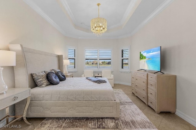 3741 Pleasant Springs Dr, Naples, FL 34119 - bedroom with baseboards, a chandelier, light tile patterned floors, crown molding, and a raised ceiling