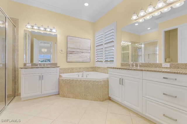 3741 Pleasant Springs Dr, Naples, FL 34119 - bathroom with ornamental molding, a healthy amount of sunlight, a shower stall, and a garden tub