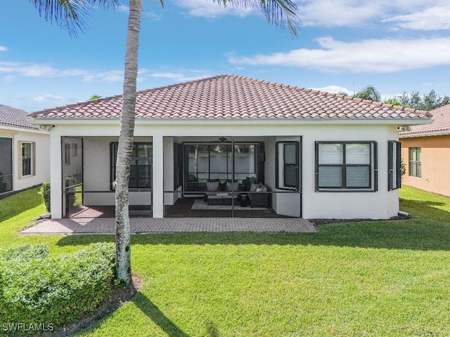 3741 Pleasant Springs Dr, Naples, FL 34119 - back of property with a patio, stucco siding, a lawn, and a tile roof