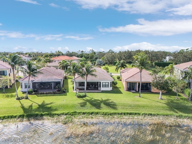 drone / aerial view featuring a water view