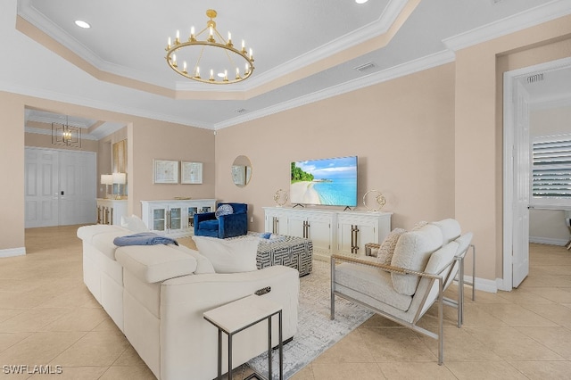 tiled living room featuring a notable chandelier, crown molding, and a tray ceiling