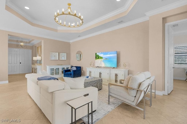3741 Pleasant Springs Dr, Naples, FL 34119 - living area featuring visible vents, light tile patterned floors, a chandelier, crown molding, and a tray ceiling