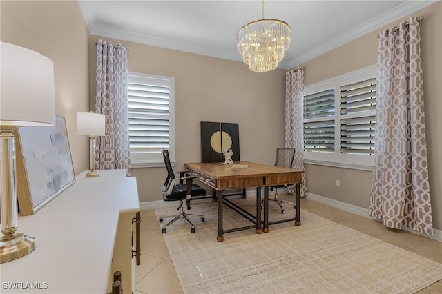 3741 Pleasant Springs Dr, Naples, FL 34119 - home office with a chandelier, crown molding, baseboards, and tile patterned flooring