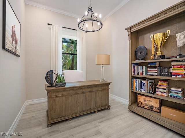 office featuring light hardwood / wood-style floors, crown molding, and a chandelier