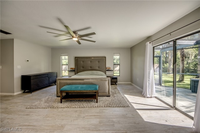 bedroom featuring ceiling fan, access to exterior, and light wood-type flooring