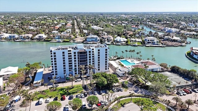 drone / aerial view featuring a water view