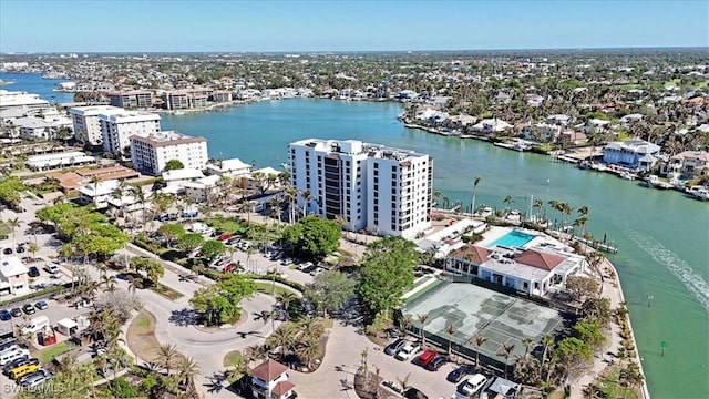 bird's eye view with a water view