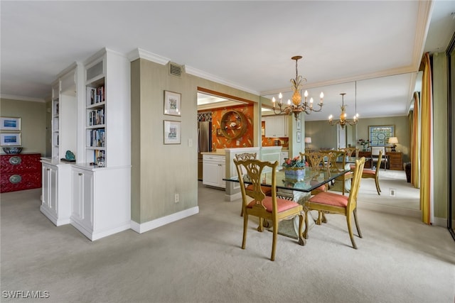 carpeted dining space with an inviting chandelier and crown molding