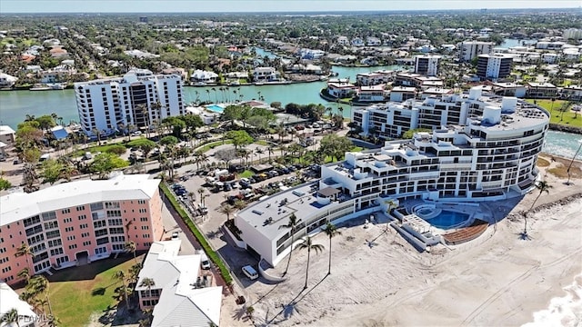 bird's eye view with a water view