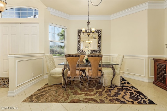 tiled dining room with crown molding and an inviting chandelier