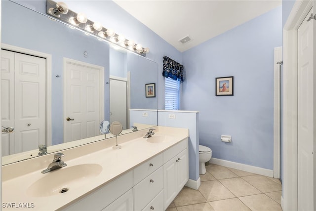 bathroom with tile patterned flooring, vanity, toilet, and a shower with door