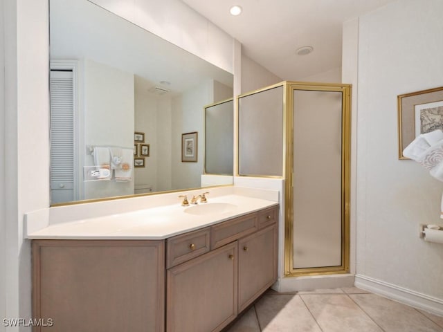 bathroom featuring tile patterned flooring, vanity, and an enclosed shower