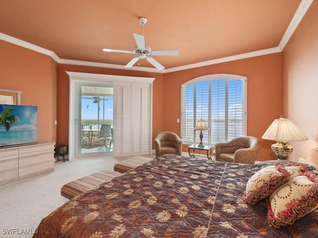 carpeted bedroom with access to outside, ceiling fan, and ornamental molding