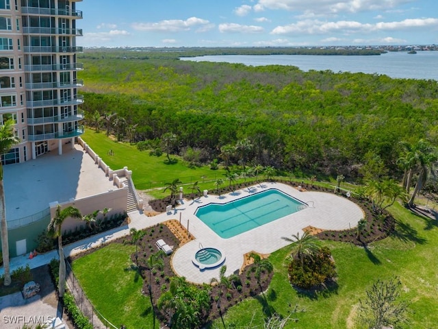 aerial view featuring a water view