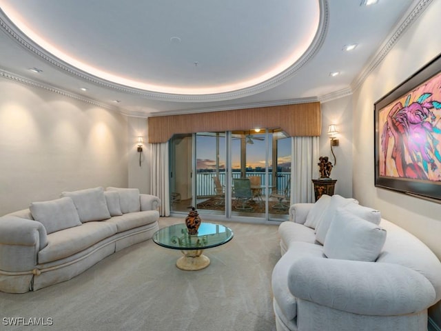 interior space with a raised ceiling, ceiling fan, and crown molding