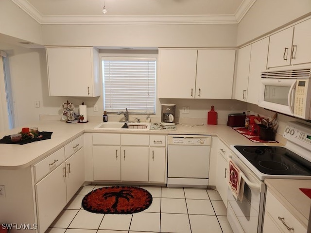 kitchen featuring white cabinetry, white appliances, and sink