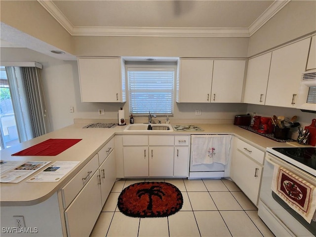 kitchen with sink, white cabinets, white appliances, and kitchen peninsula