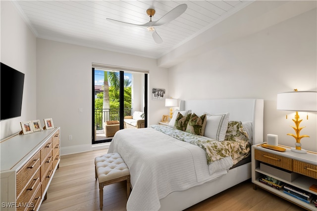 bedroom with access to exterior, ceiling fan, crown molding, wood ceiling, and light wood-type flooring