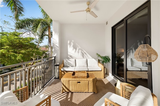 balcony featuring ceiling fan