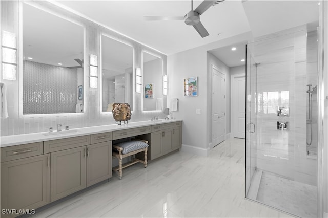 bathroom with ceiling fan, an enclosed shower, decorative backsplash, and vanity