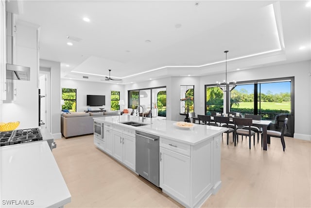 kitchen featuring a center island with sink, white cabinets, sink, a wealth of natural light, and appliances with stainless steel finishes