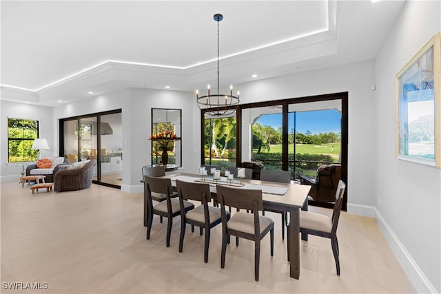 dining space featuring a wealth of natural light and a tray ceiling