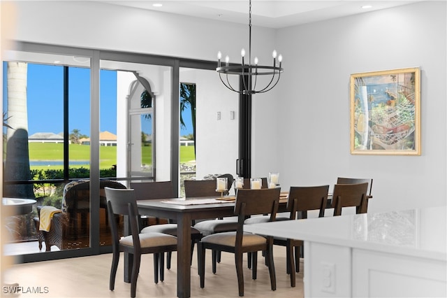 dining space featuring a notable chandelier, a healthy amount of sunlight, and light hardwood / wood-style flooring