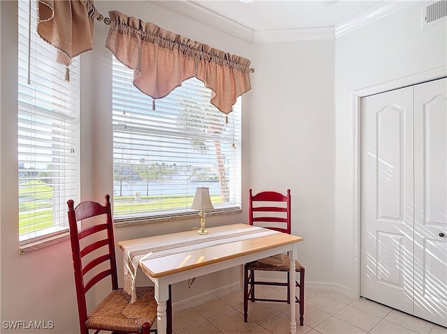 tiled dining room featuring a wealth of natural light and ornamental molding