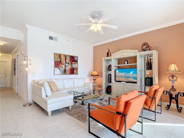 living room featuring ceiling fan, ornamental molding, and light tile patterned floors