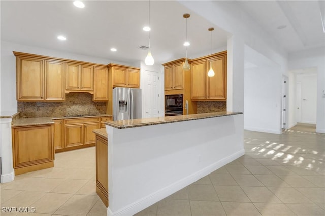 kitchen with backsplash, black appliances, stone countertops, and light tile patterned floors
