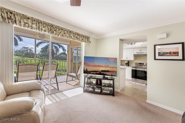 living room featuring light colored carpet and ornamental molding