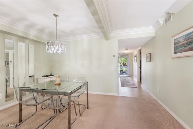 carpeted dining space featuring crown molding and beamed ceiling