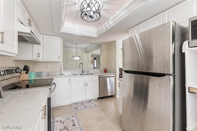 kitchen with white cabinetry, sink, a raised ceiling, decorative light fixtures, and appliances with stainless steel finishes