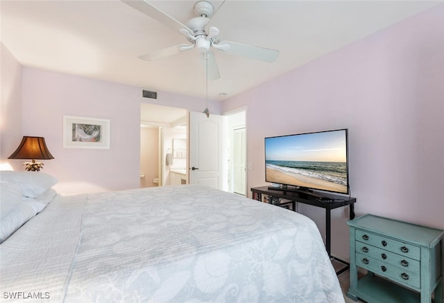 bedroom with connected bathroom and ceiling fan