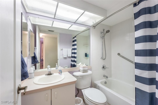 full bathroom with vanity, toilet, and shower / bathtub combination with curtain