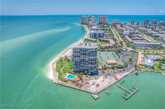 bird's eye view with a water view and a view of the beach