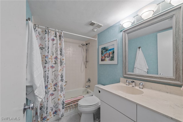 full bathroom featuring tile patterned floors, vanity, shower / bathtub combination with curtain, and toilet