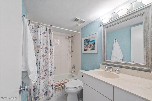 full bathroom featuring tile patterned flooring, vanity, shower / tub combo with curtain, and toilet