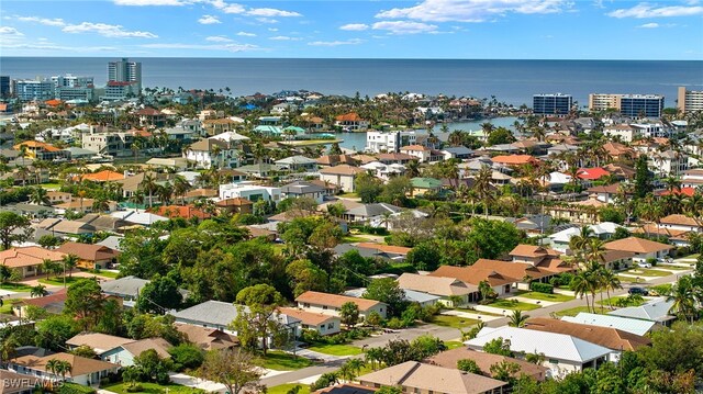 drone / aerial view featuring a water view