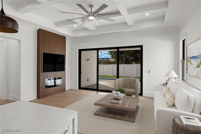 living room with recessed lighting, coffered ceiling, baseboards, light wood-style floors, and beam ceiling